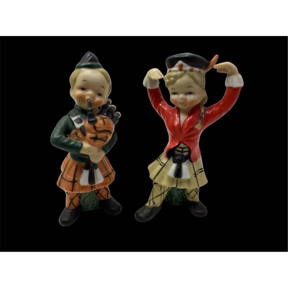 Vtg Lefton Handpainted Scottish Bagpiper/Dancer Ceramic Figurine Boy & Girl 4.5"